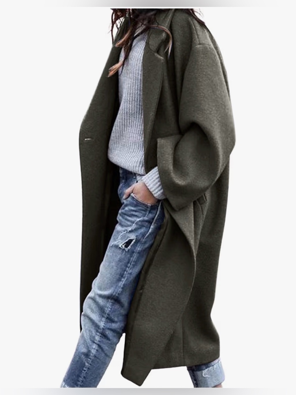Oversized Long Wool Blend Coat in Olive Green/ Grey Color